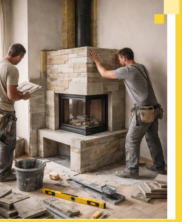 Угловые камины под ключ проект, монтаж и отделка в Ржеве